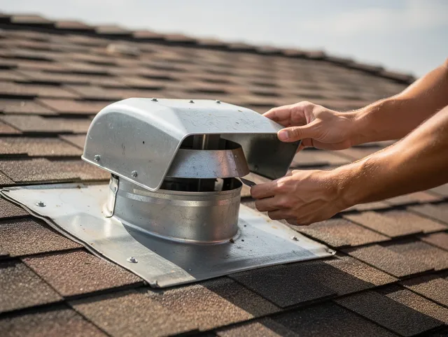 Orange Dryer Vent Cleaning certified technician safely cleaning a roof-mounted dryer vent in Orange