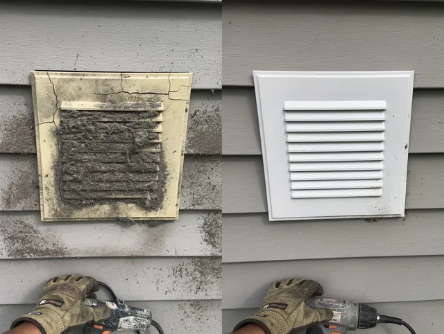 Orange Dryer Vent Cleaning technician installing high-quality dryer vent cover at a residential property in Orange