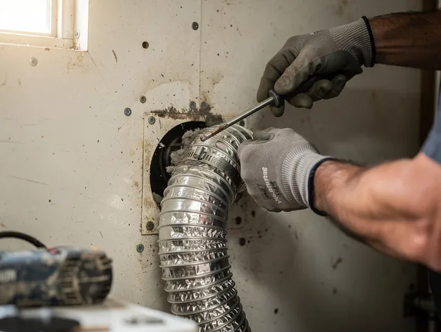 Orange Dryer Vent Cleaning technician performing precise dryer vent hose installation in Orange
